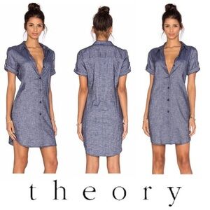 Theory Mayvine linen blend button front denim shirt dress w/pockets, size 12